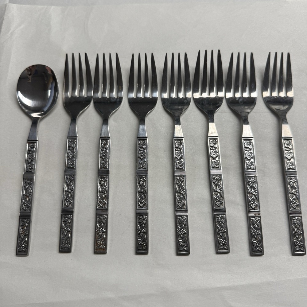 Vtg Dalmatia by Present 7 Salad/Dessert Forks Soup Spoon Japan Floral Flatware